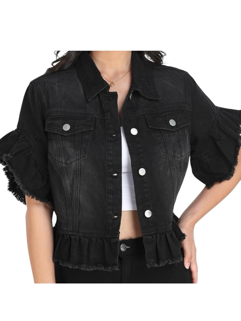 Women's Denim Jacket Ruffle Sleeve Button Down Distressed Cropped Jean Jackets - Picture 3 of 7